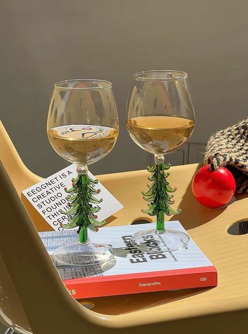 Handblown Christmas Tree Wine Glasses - Set of 2
