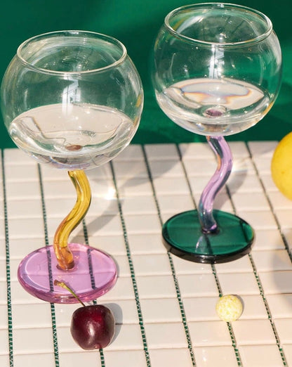 Handblown Bubble Wine Glass - Retro Whimsical Eclectic Wavy Stemmed