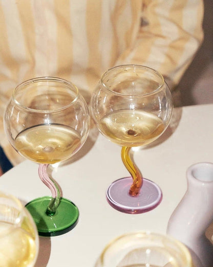Handblown Bubble Wine Glass - Retro Whimsical Eclectic Wavy Stemmed