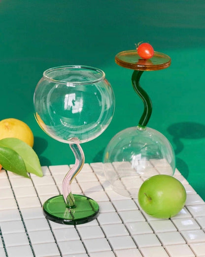 Handblown Bubble Wine Glass - Retro Whimsical Eclectic Wavy Stemmed