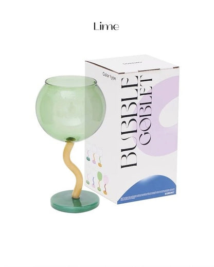 Handblown Bubble Wine Glass - Retro Whimsical Eclectic Wavy Stemmed