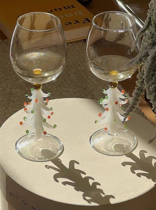Handblown Christmas Tree Wine Glasses - Set of 2